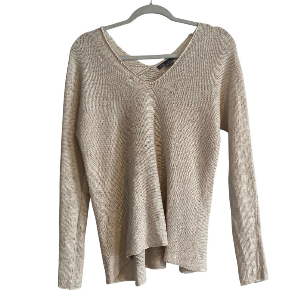 Womens Vince White Knit Linen V Neck Asymmetrical Loose Fit Bobo Sweater Size XS